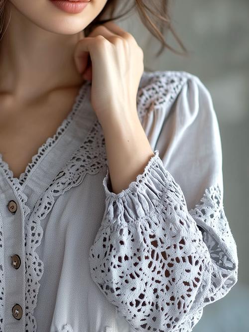 V-neck Hollow-out Lace Patchwork Cotton and Linen Blouse