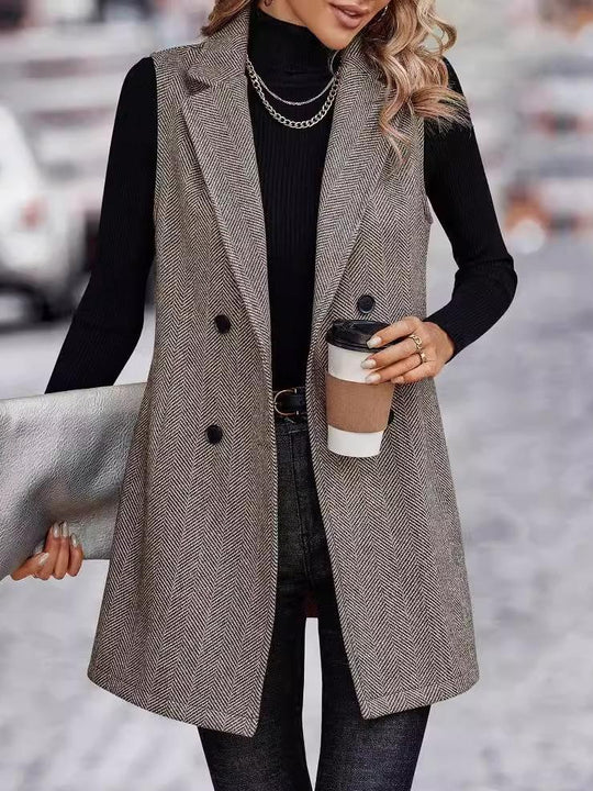 Chic Lapel Double-Breasted Decorated Mid-Length Woolen Vest Suit