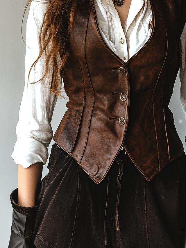 Retro Waist-cinched Button Down Leather Waistcoat