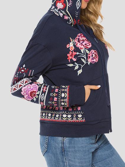 Stylish Floral Embroidered Hooded Sweatshirt Jacket