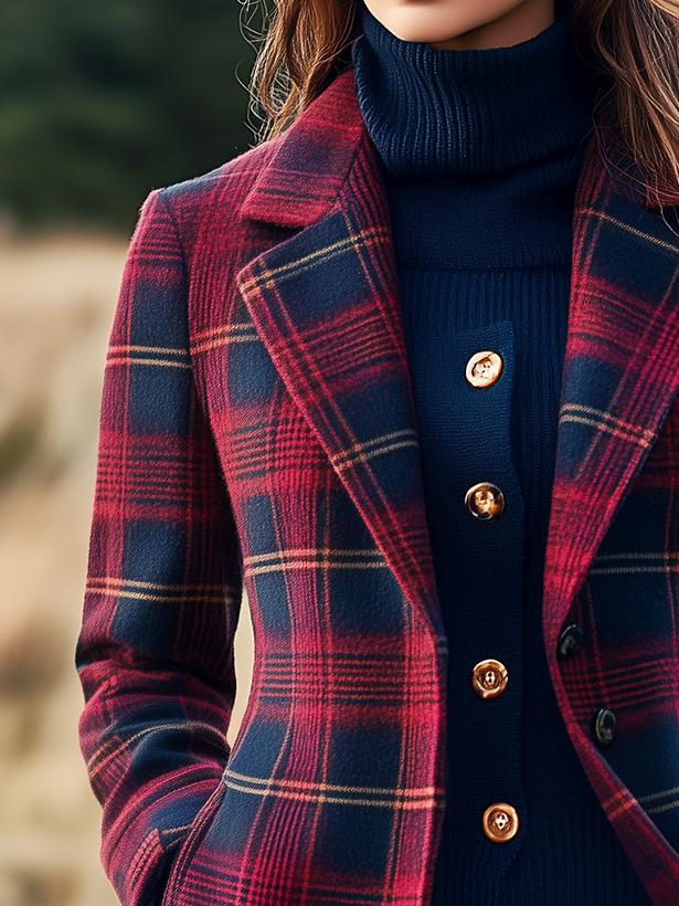 Retro Suit Collar Plaid Pattern Woolen Jacket