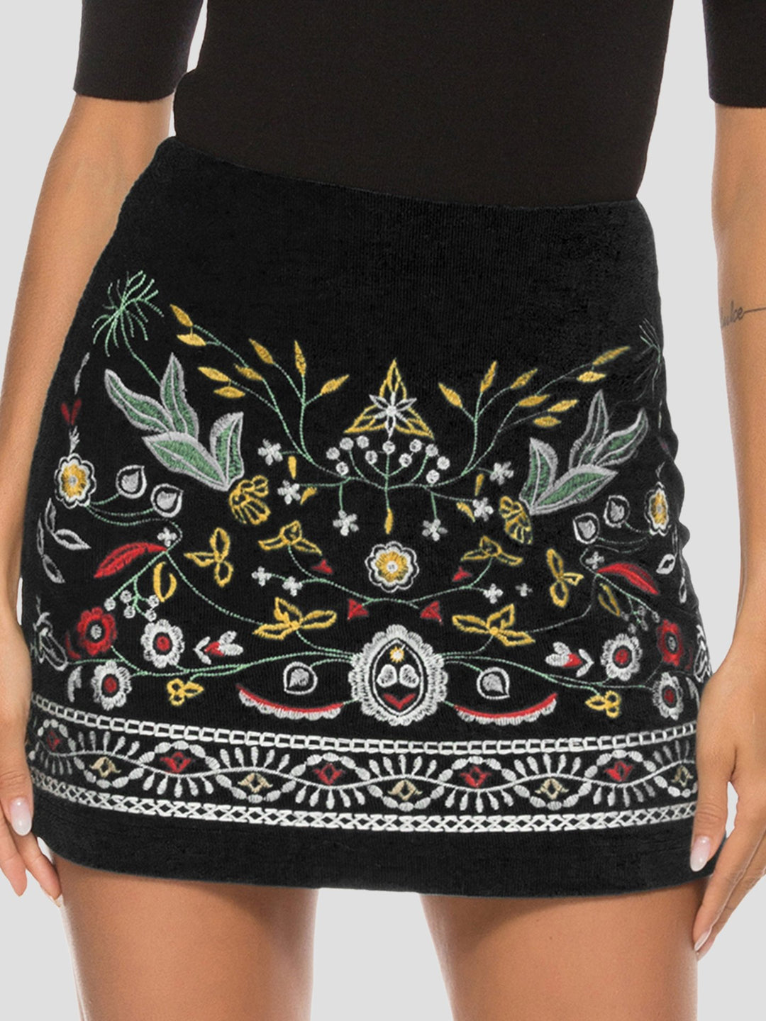 Delicate Handmade Floral Embroidery Velvet Skirt