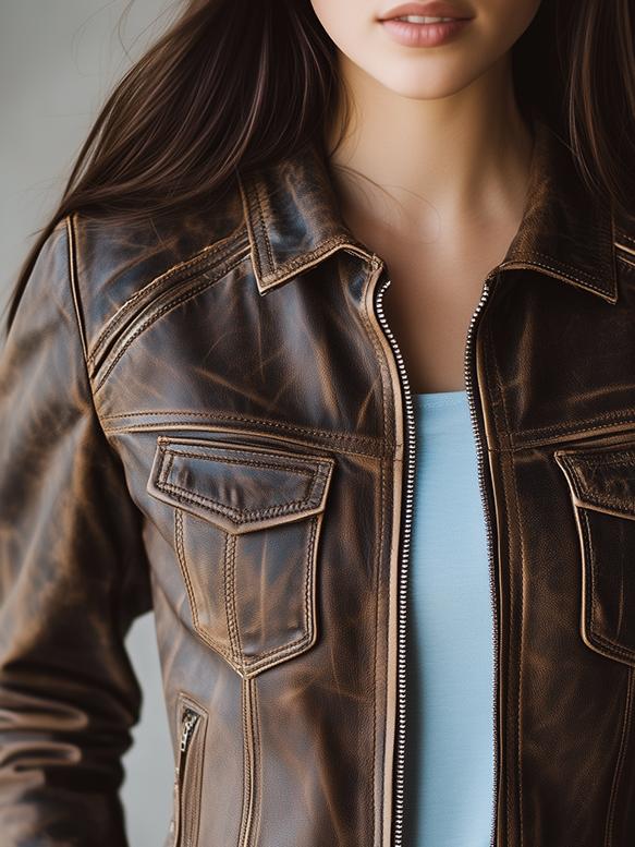 Retro Lapel Multiple Pockets Biker Leather Jacket