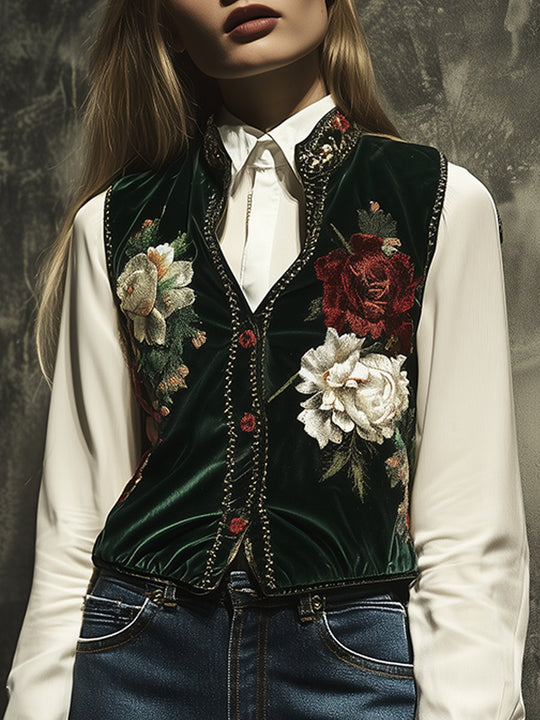 Elegant Green Velvet Floral Embroidered Vest