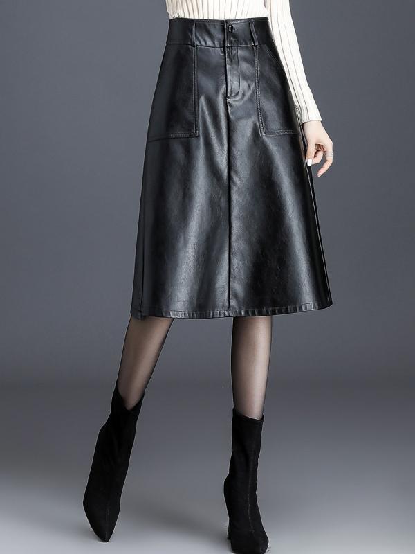 Chic High-waisted Mid-length A-line Leather Umbrella Skirt