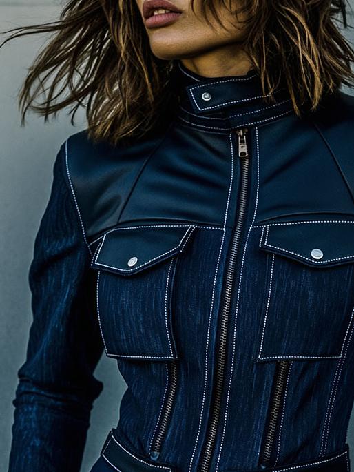 Stylish Waist-cinched Leather Patchwork Denim Jacket