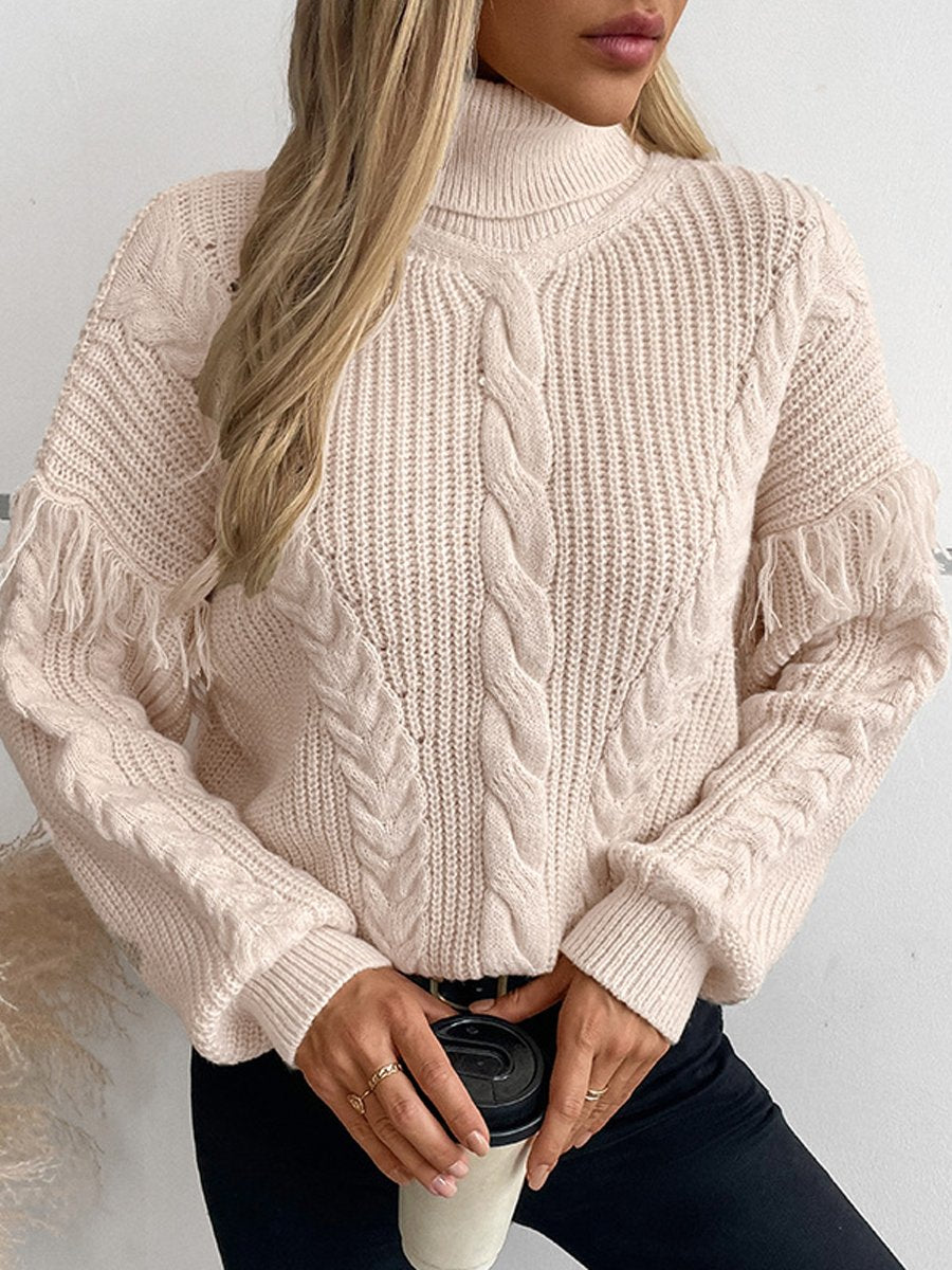 Fringed Cable Collar Long Sleeve Sweater