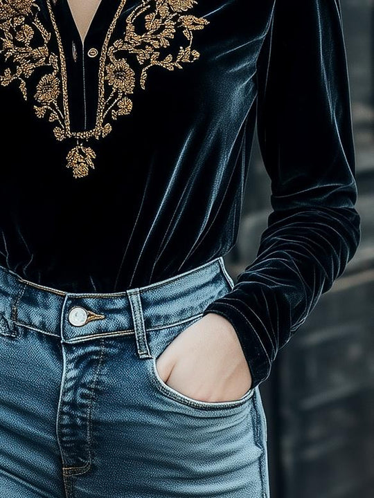 Women's V-neck Golden Embroidery Velvet Henley Shirt