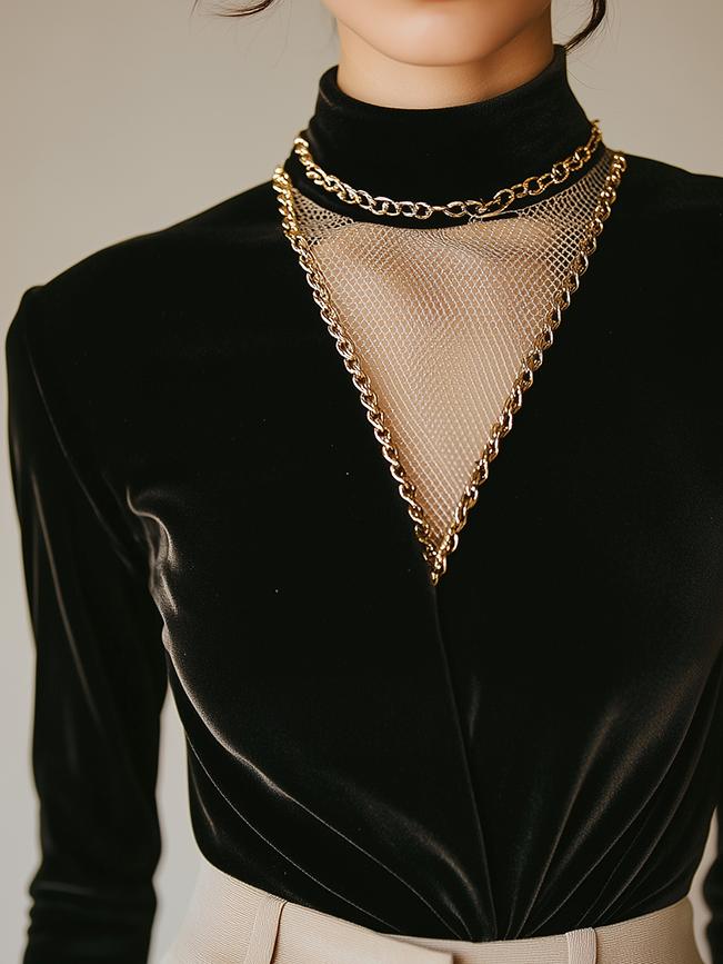 Chic Mesh Patchwork Metal Chain Trim Velvet Top