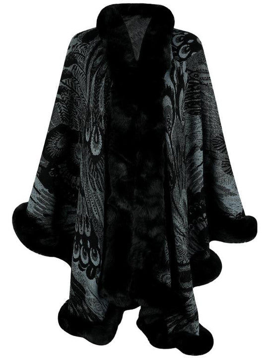 Fur Trim Peacock Flower Knitted Thickened Warm Cape