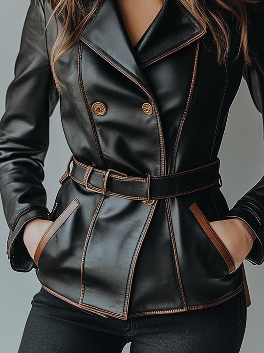 Stylish Constract Trim Double-breasted Leather Jacket