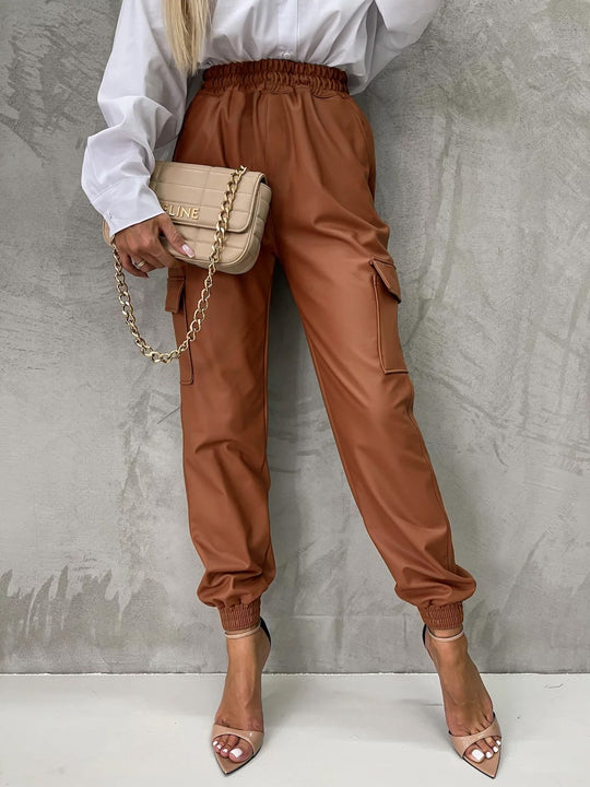 Multiple Pockets Elastic Waist Cuffed Leather Cargo Pants