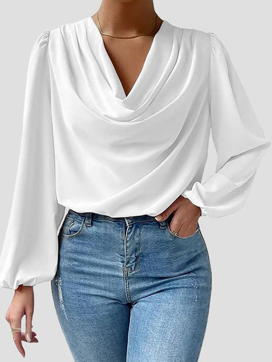 Elegant V-neck Pleated Long Sleeve Chiffon Blouse