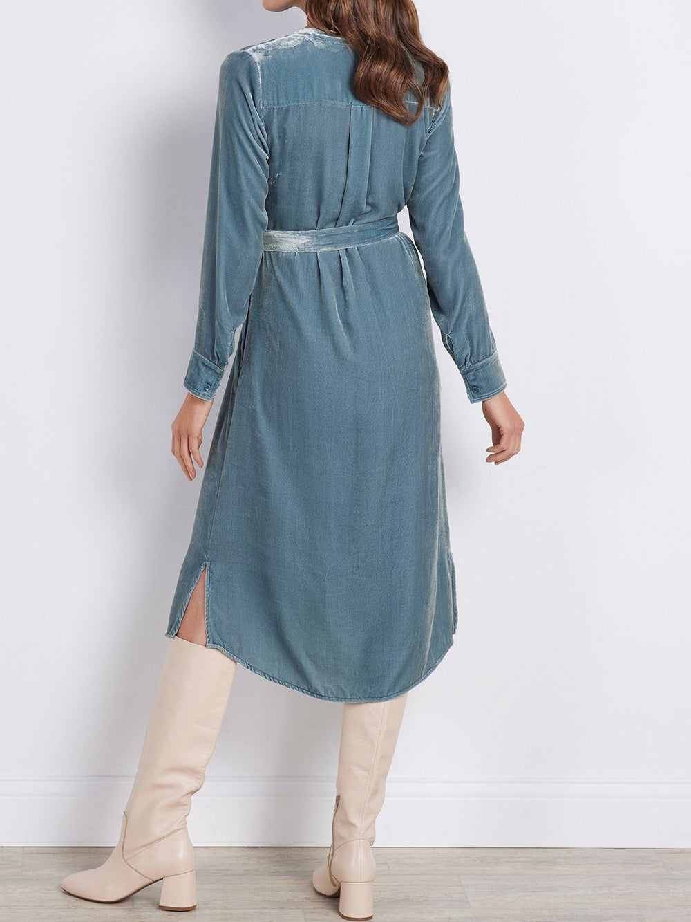 Elegant Velvet Belted Long Sleeves Shirt Midi Dress