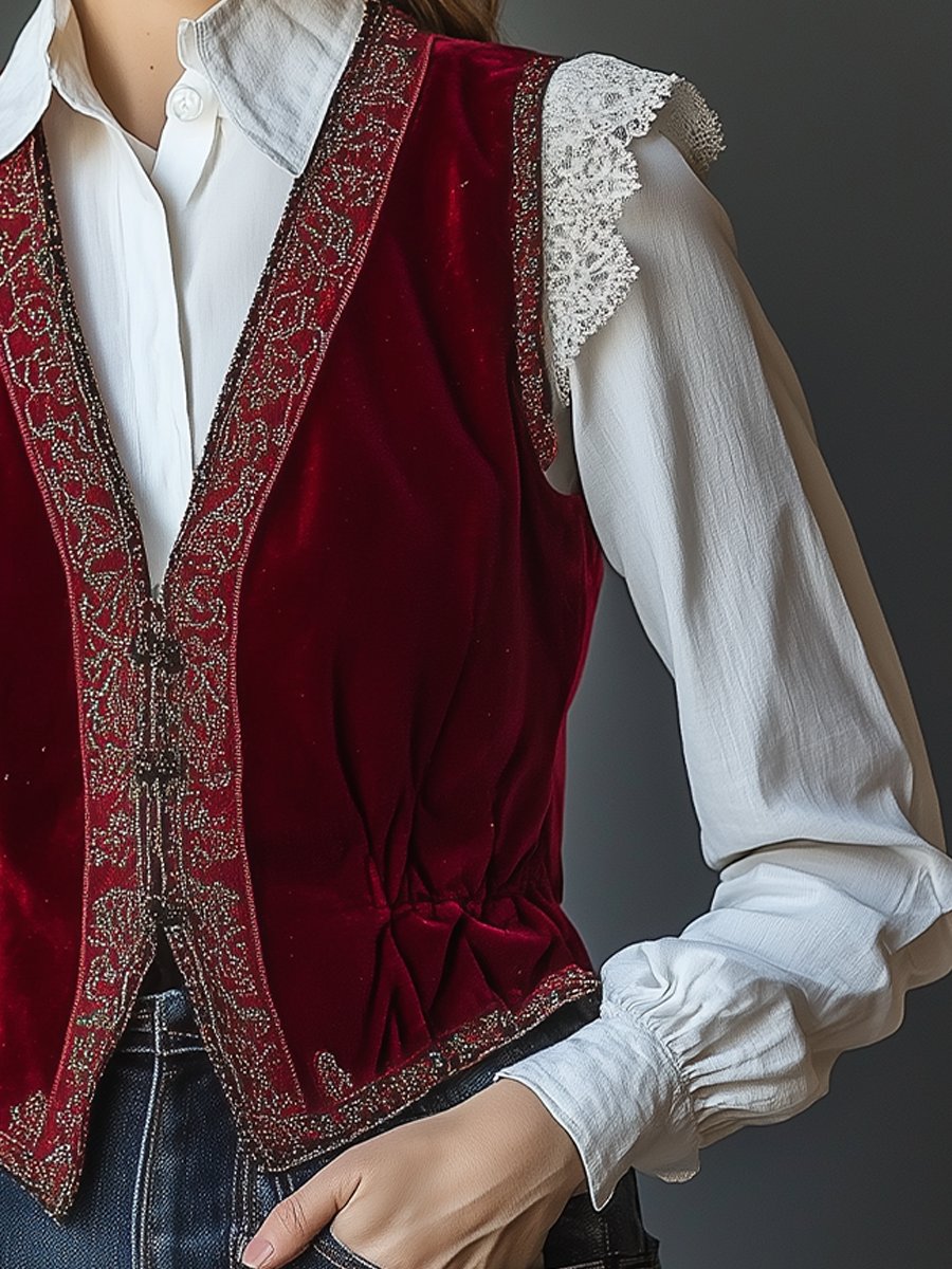 Regal Red Velvet Embroidered Vest