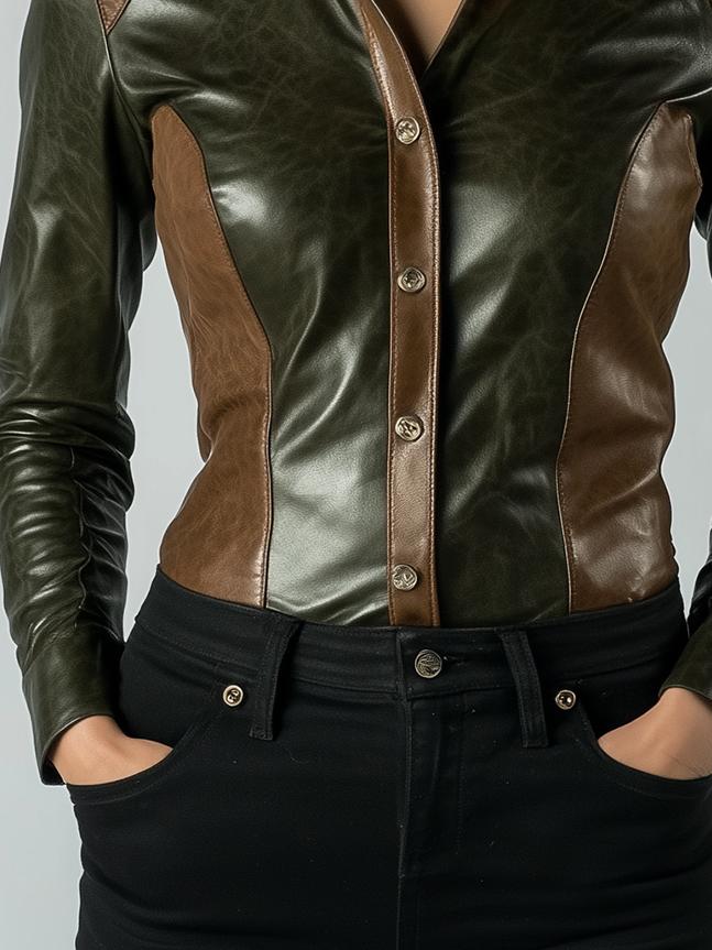 Retro Lapel Color-blocking Button Down Leather Shirt