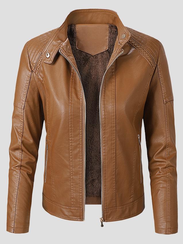 Women Warm Lined Stand Collar Leather Biker Jacket