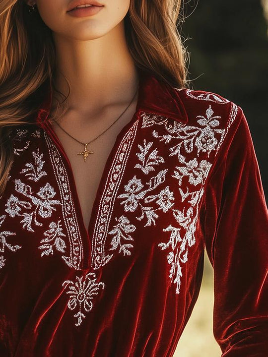 Chic Lapel Flower Embroidery V-neck Velvet Blouse