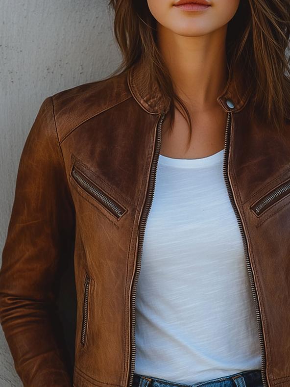 Chic Multiple-pocket Crew Neck Biker Leather Jacket