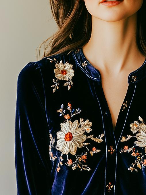 Chic Floral Embroidery Button Down Velvet Shirt