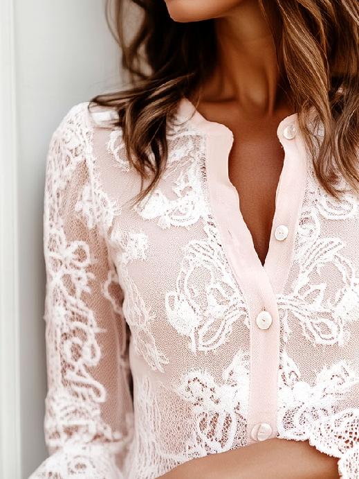 Stylish Round Neck Button Down Long Sleeve Lace Shirt