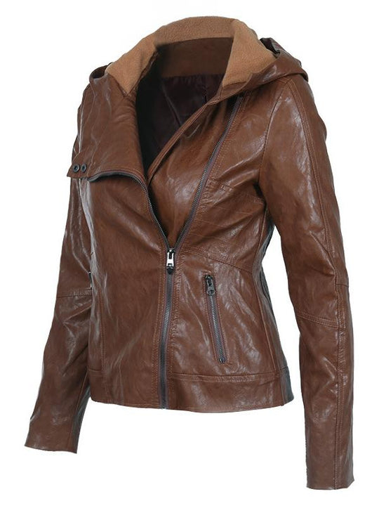 Chic Zipper-up Hooded PU Leather Jacket