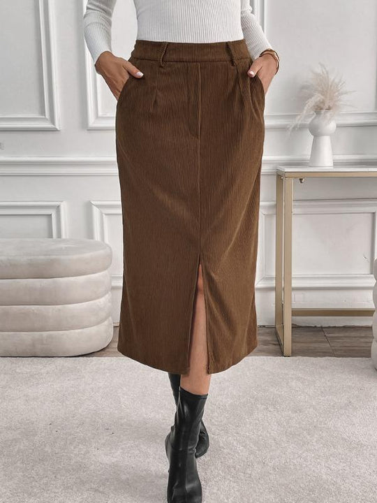 Elegant High Waist Corduroy Mid-length Skirt