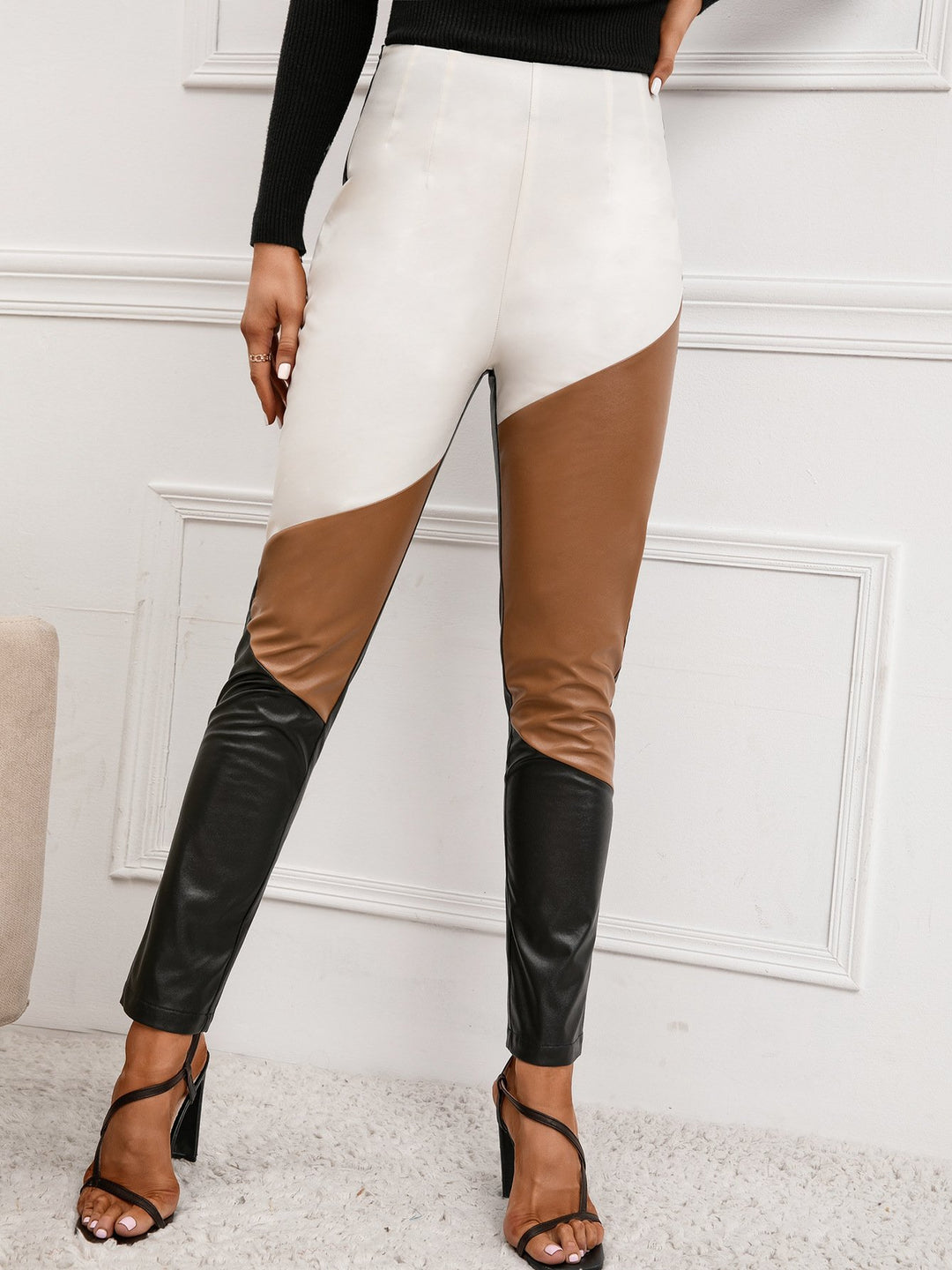 Chic Patchwork Motorcycle Slim Leather Pants