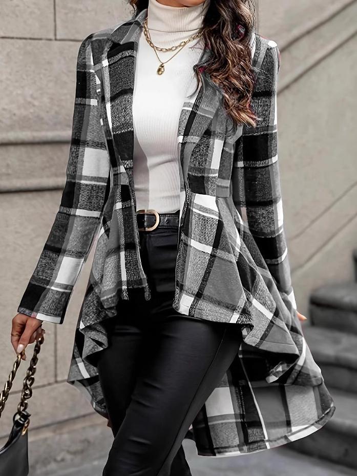 Stylish Plaid Pattern Short-Front Long-Back Woolen Jacket