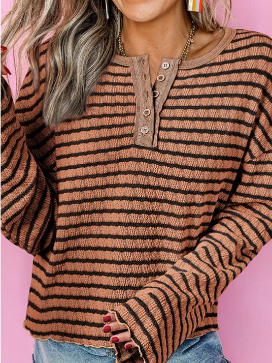 Simple and Versatile Striped Ruffle Loose Henley Collar Top