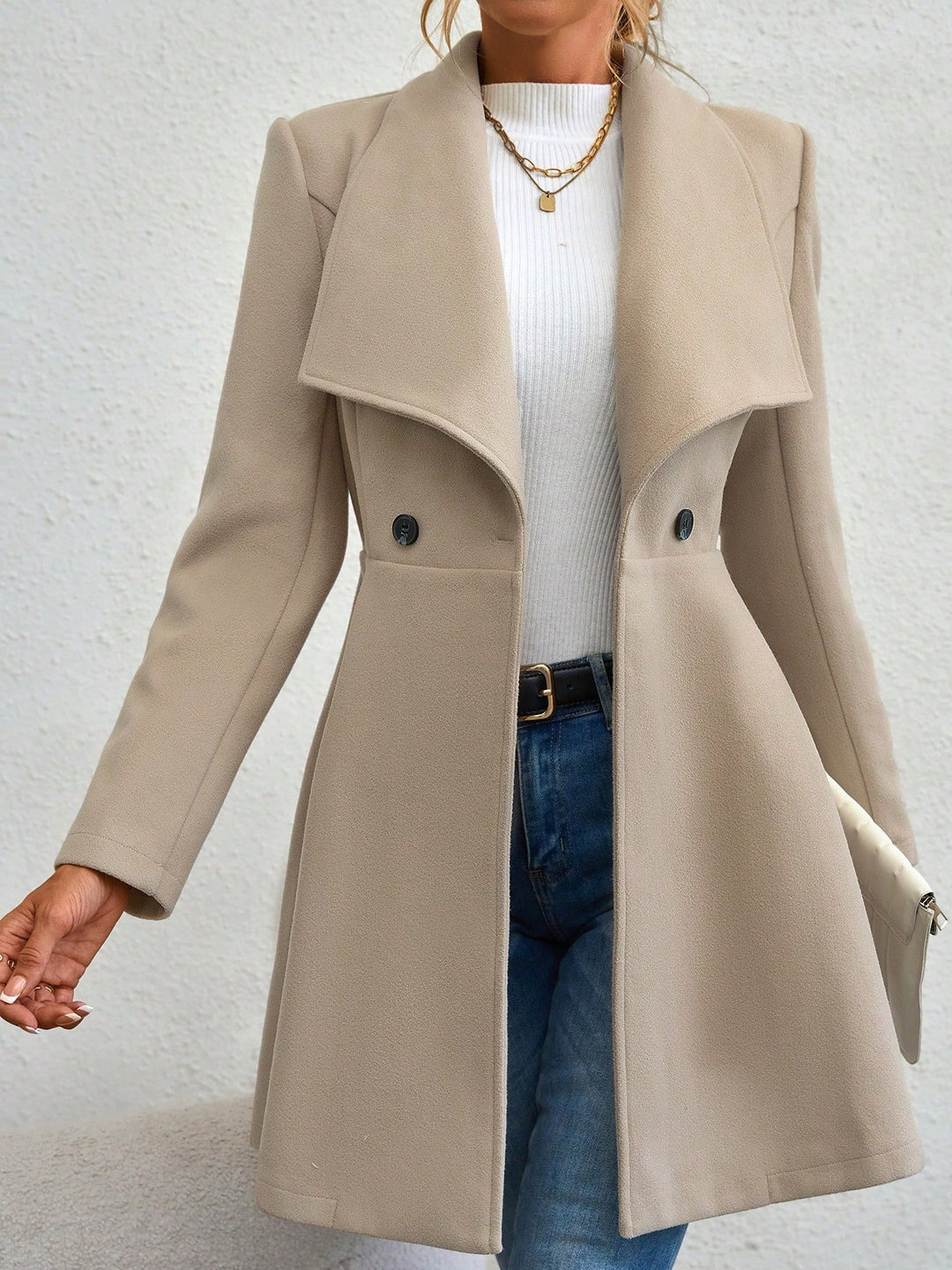 Elegant Shawl Collar Waist-cinched Woolen Long Coat