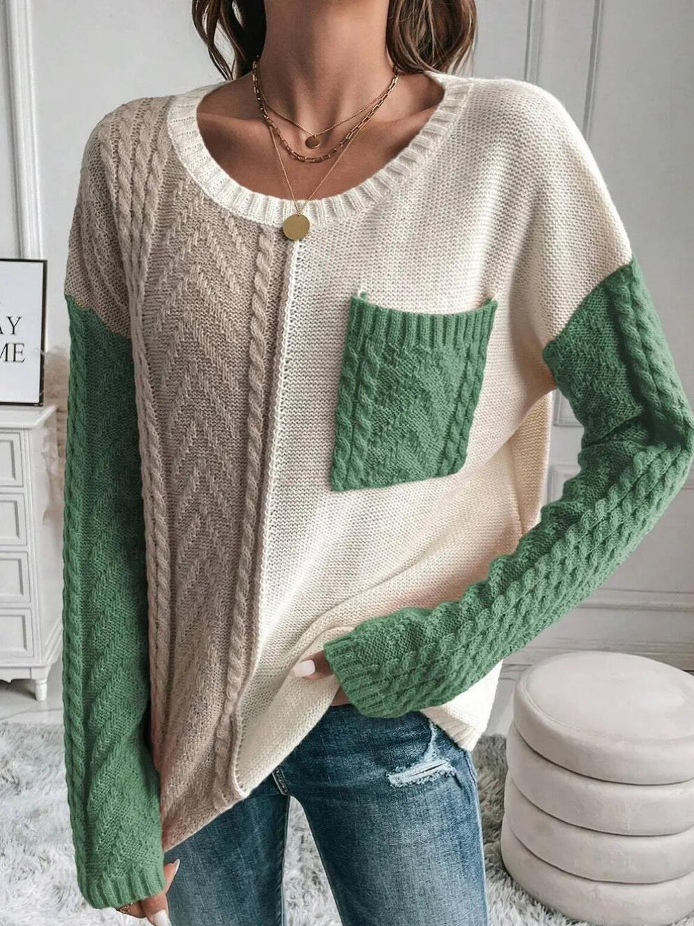 Stylish Color-Block Cable Knit Textured Pocket Sweater