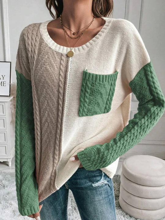 Stylish Color-Block Cable Knit Textured Pocket Sweater