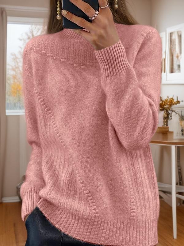 Chic Solid Color Mock Neck Jacquard Knit Pullover Sweater