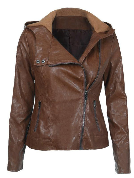 Chic Zipper-up Hooded PU Leather Jacket