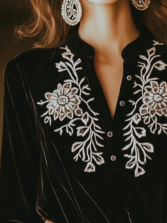 Retro Floral Embroidery Long Sleeves Velvet Henley T-shirt