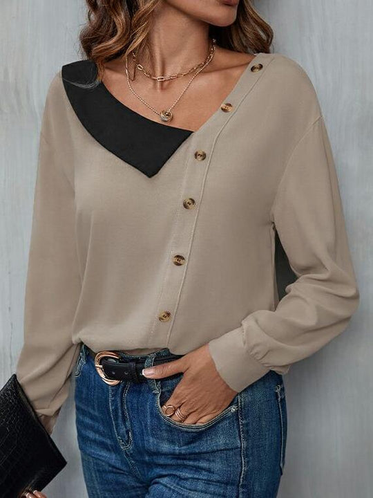 Chic Diagonal V-neck Contrasting Color Blouse