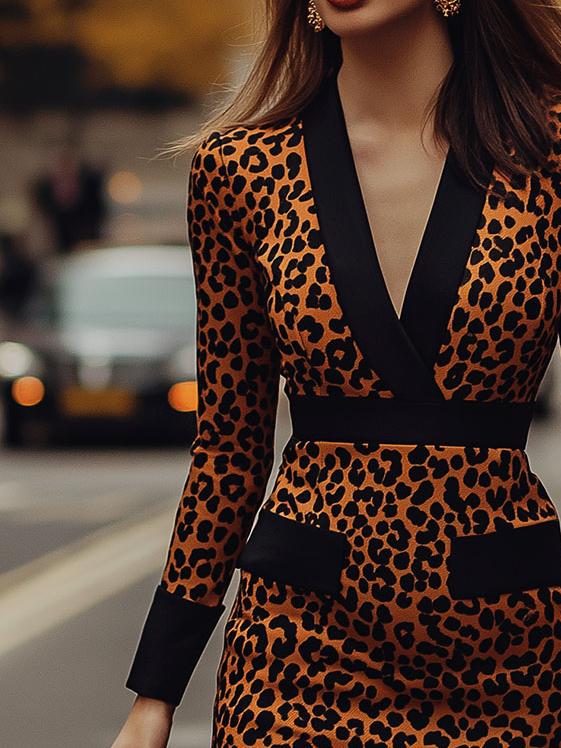 Retro Modern V-neck Leopard Pattern Bodycon Dress