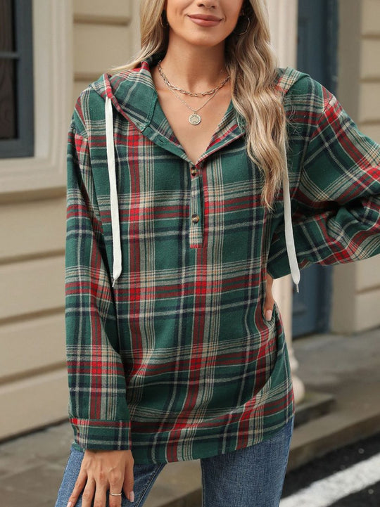 Retro Loose Fit Long Sleeve Button Plaid Hoodie