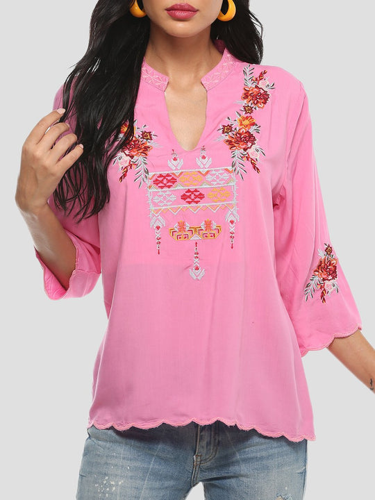 Elegant Floral Embroidered V-Neck Three-quarter Sleeves Blouse