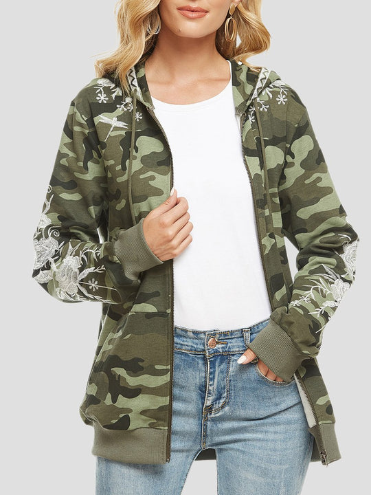 Classic Floral Embroidered Camouflage Hooded Jacket