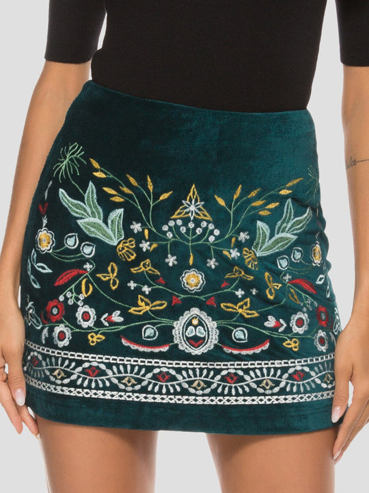 Delicate Handmade Floral Embroidery Velvet Skirt