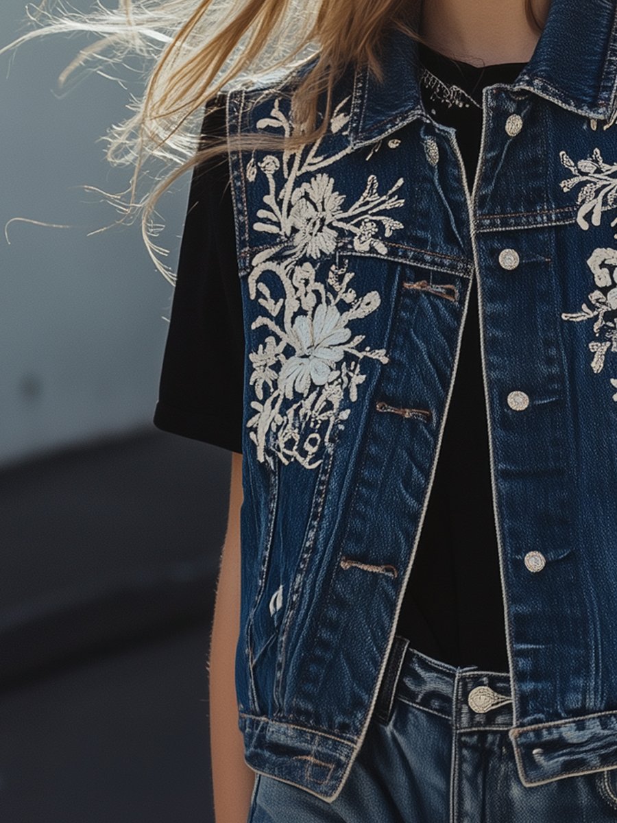 Boho-Chic Embroidered Denim Vest