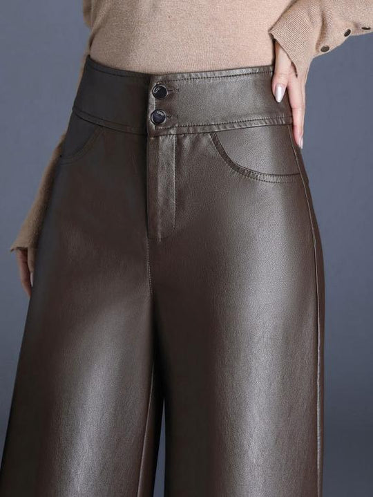 Chic Solid Color High Waist Wide-leg Leather Pants