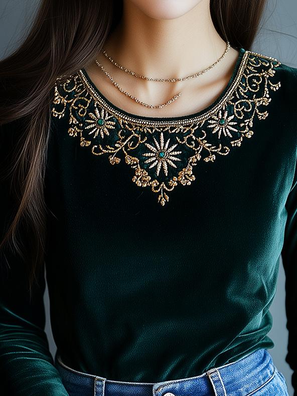 Boho Round Neck Golden Embroidery Velvet Top