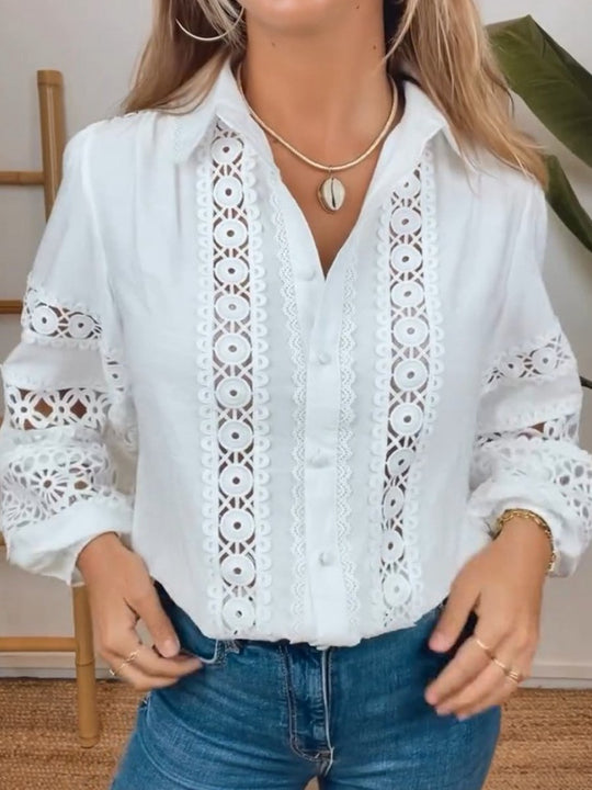 Long Sleeved Hollow Lace Embroidered Blouse