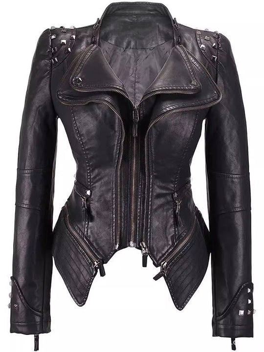 Stylish Waist-cinched Zipper Studded Leather Jacket