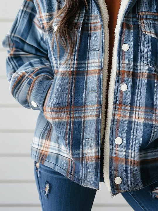 Classic Plaid Pattern Lamb Fleece Lined Hooded Jacket