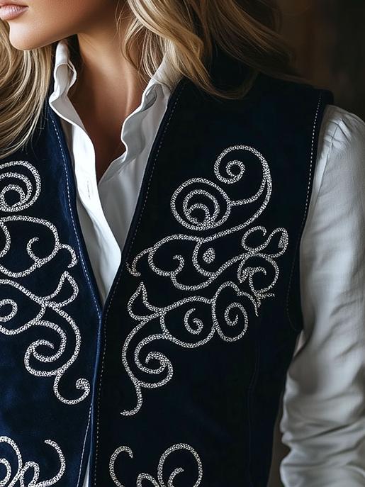 Women Silver Baroque Embroidery Suede Waistcoat