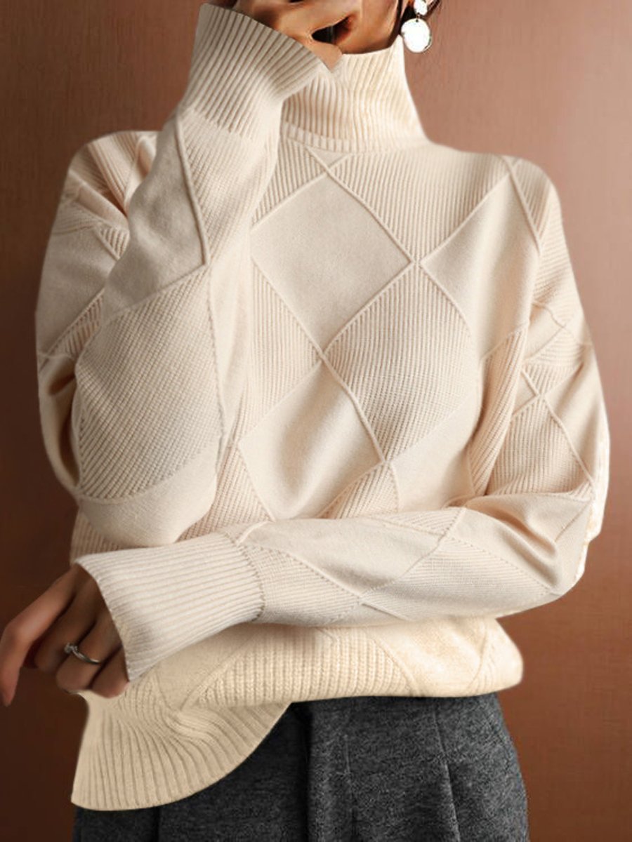 High-Neck Warm Diamond Texture Knitted Pullover Sweater